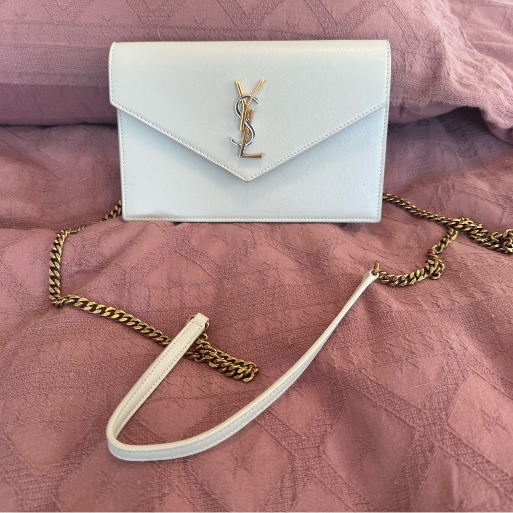 Yves Saint Laurent White Gold Envelope Chain Wallet